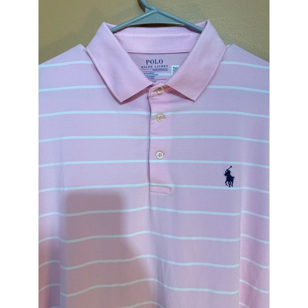 Polo Ralph Lauren Performance Pink White Striped Polo Shirt Mens Large L